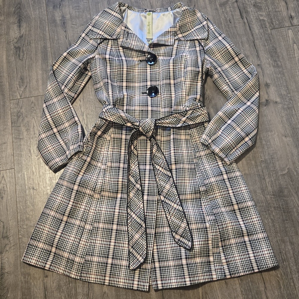 Soia & Kyo Trench Sz S Coat Black And‎ Red Plaid Cotton Jacket Contrast Piping